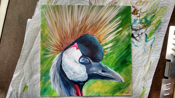 Finished painting. Crowned crane, 6x6", inks on aquaboard. Resource from my own photos and from life painting.